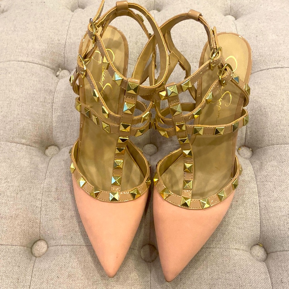 Jessica Simpson blush suede heels with gold detail